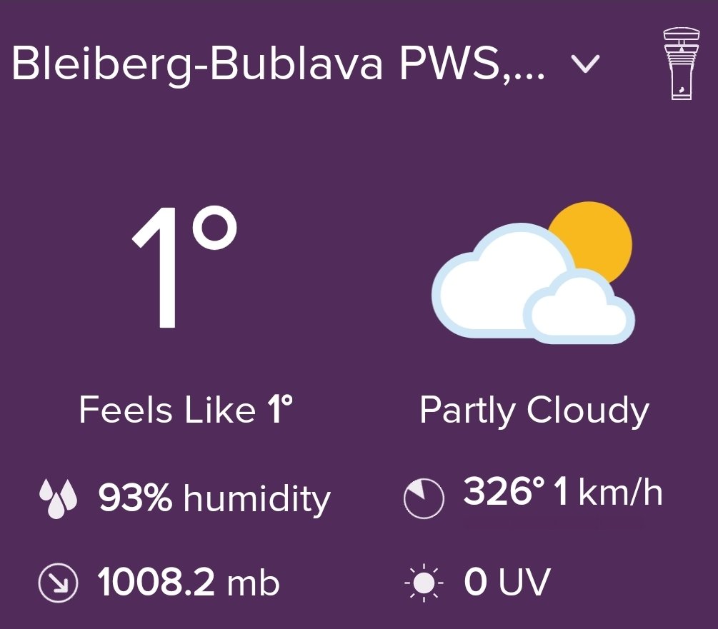 omicronCZ's tweet photo. Na Bleibergu část. zataženo a zima to nevzdává❄️ Teplota 1°C, vlhkost 93%. UV 0.5

Klidný vánek (1 Bft, VJV). Tlak klesající. Viditelnost 3 km.

Krásný den z meteostanice #Tempest na Bublavě v Krušných horách😊

https://t.co/zWB5C9JyCZ

#WeatherTweet #weatherflow #pws #Bublava https://t.co/cXHjM3lvAE