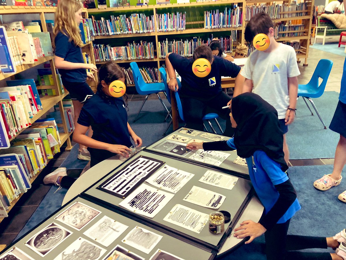 Library Ambassadors busy setting up a Blackout Poetry display & workshop they will run this week. #blackoutpoetry #PoetryMonth #studentagency #istafricalearns