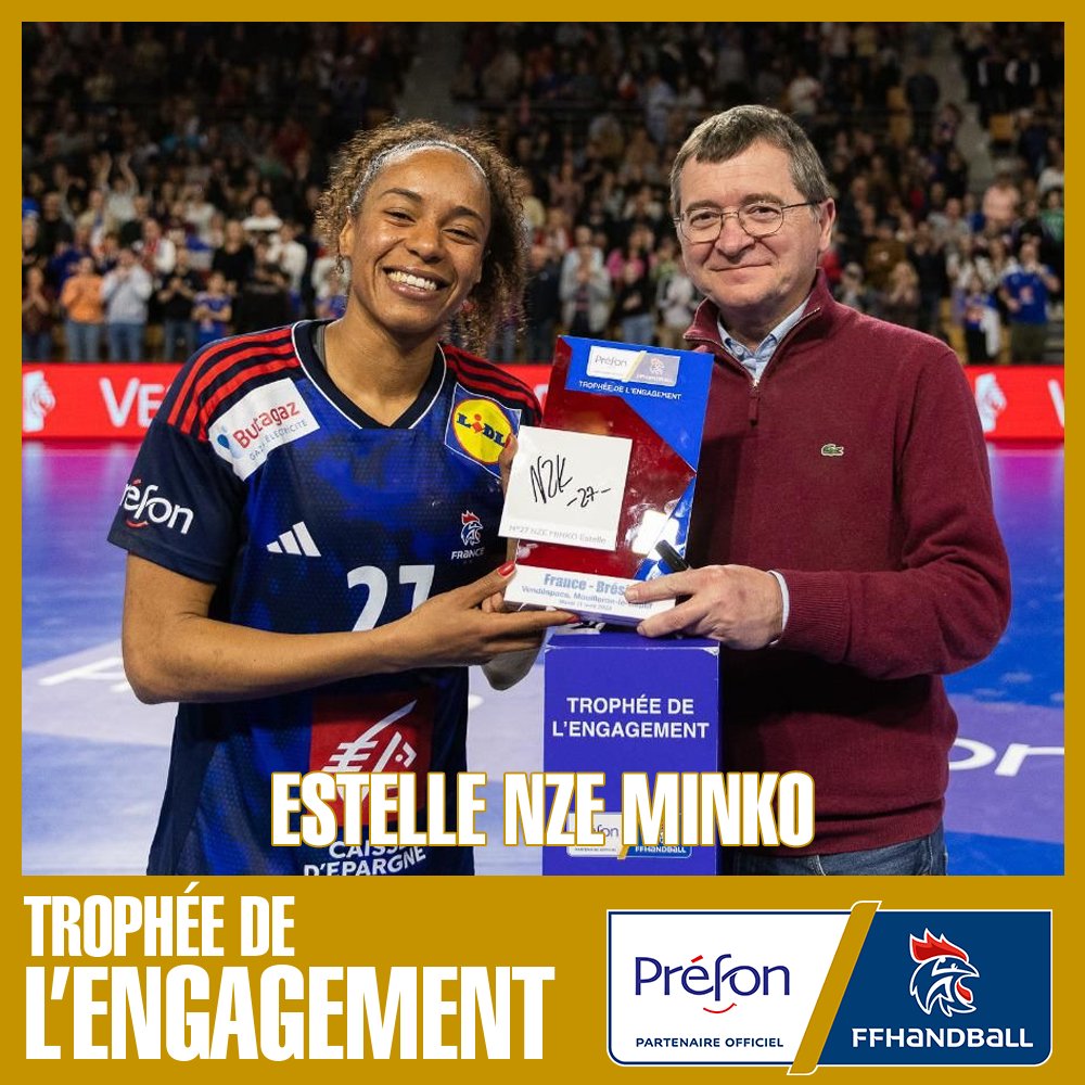 🏆 Vous avez élu <a href="/Estellenzeminko/">Nze Minko Estelle</a>  comme joueuse la plus engagée sur le terrain hier soir. Elle reçoit donc le Trophée de l’Engagement décerné par Préfon.

👏Bravo pour ton #engagement et ta détermination sur le terrain Estelle !

#Préfonhand #trophéedelengagement #handball