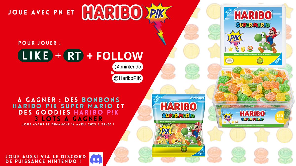 pnintendo's tweet photo. Wouh-ouh ! Gagne 3 lots de bonbons Haribo Super Mario et de goodies Haribo avec @HariboPIK et @pnintendo pour fêter la sortie de la série limitée de bonbons Haribo Super Mario. Suis nos comptes, like et RT ce tweet pour participer. #Concours ouvert jusqu'au 16/04/23 à 23h59. https://t.co/5MsaZDDyNX