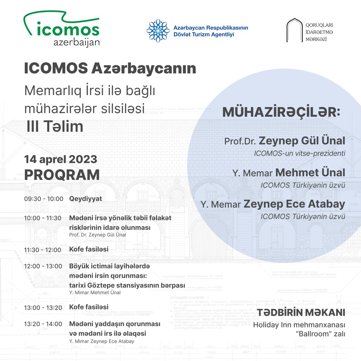 icomosaz's tweet photo. Sizi ICOMOS Azərbaycanın təşkilatçılığı və Dövlət Turizm Agentliyinin dəstəyi ilə Memarlıq irsi ilə bağlı mühazirələr silsiləsinin növbəti “Memarlıq irsinin qorunması və idarəolunması” mövzusundakı təliminə dəvət edirik. Qeydiyyat üçün link: https://t.co/k87cs0bQaD https://t.co/tDE9d2lcsJ