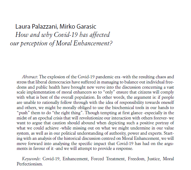 MDGarasic's tweet photo. NEW PUBLICATION! Happy to see the work with Laura Palazzani "How and why Covid-19 has affected our perception of Moral Enhancement?" finally out! #COVID19 #enhancement #forcedtreatment https://t.co/3q0zZvMtv1 https://t.co/9uw0Jf15mL