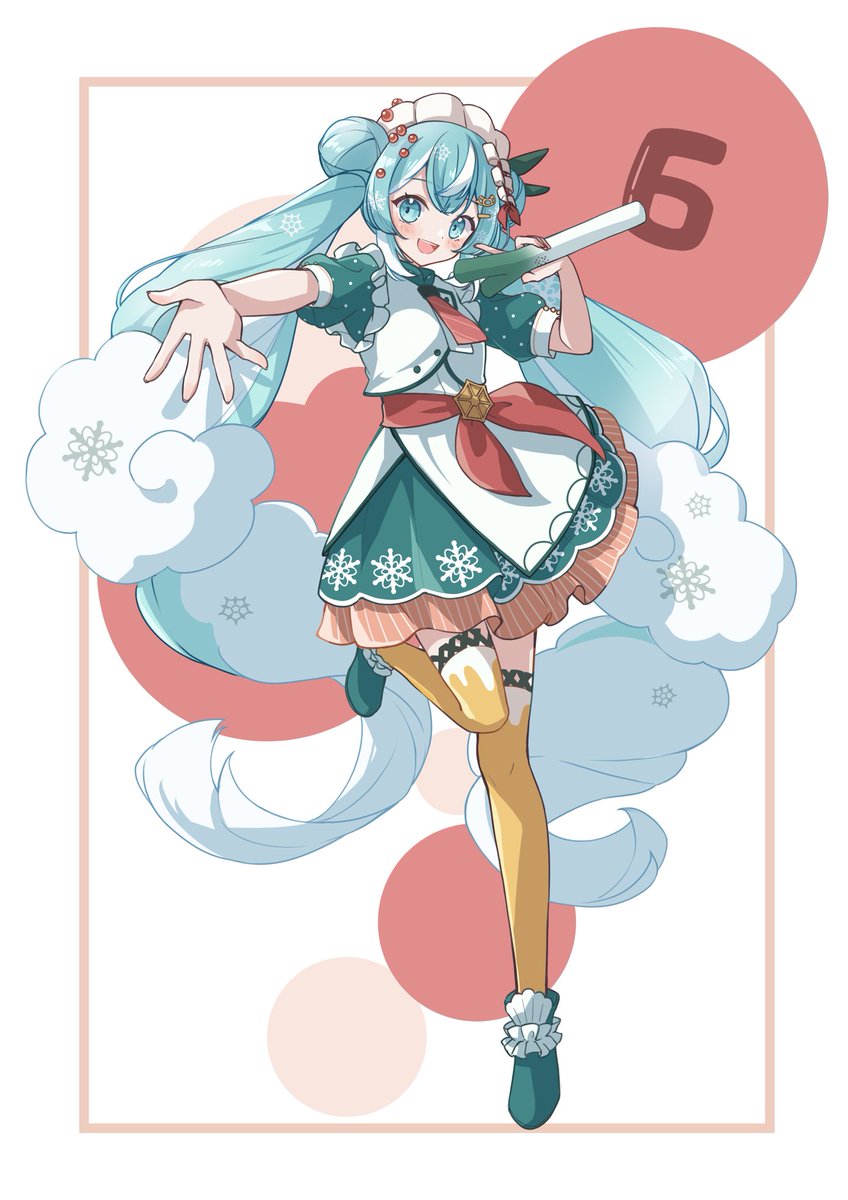 hatsune miku 1girl solo snowflake print thighhighs twintails holding very long hair  illustration images