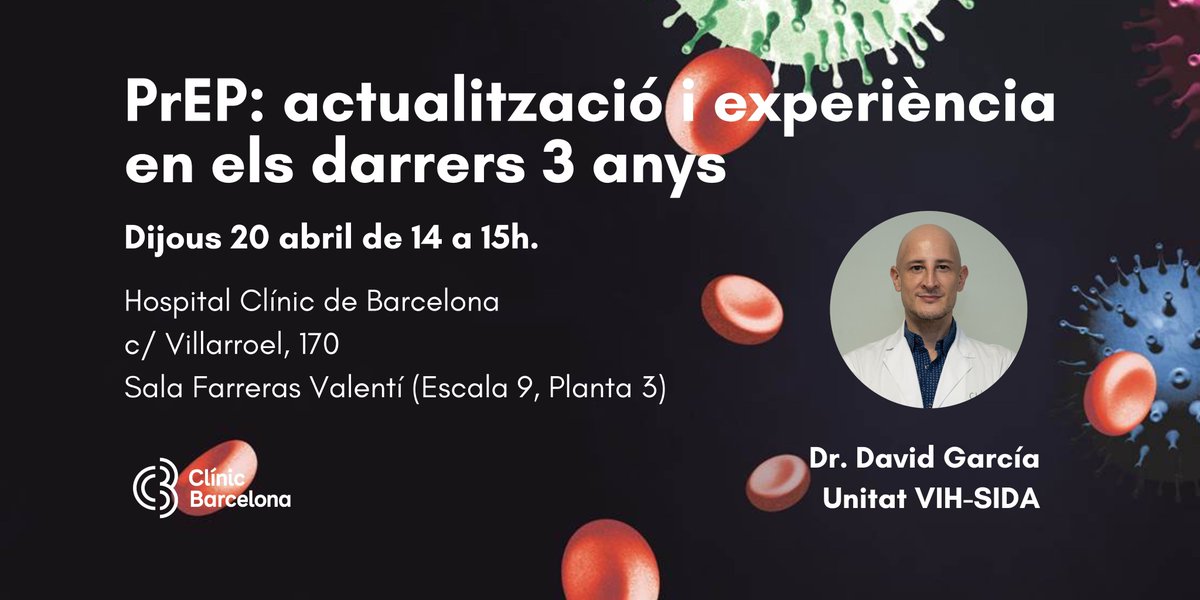 BcnVih's tweet photo. #SaveTheDate 
📆 Dijous 20/04 🕑
Propera #SessióVIH sobre la #PrEP a la nostra unitat  
👥 Presenta: Dr. García 
Dirigida a 🥼 del #CLÍNIC 
#ICMID @hospitalclinic @BcnVih https://t.co/fnKEbi7Ypv