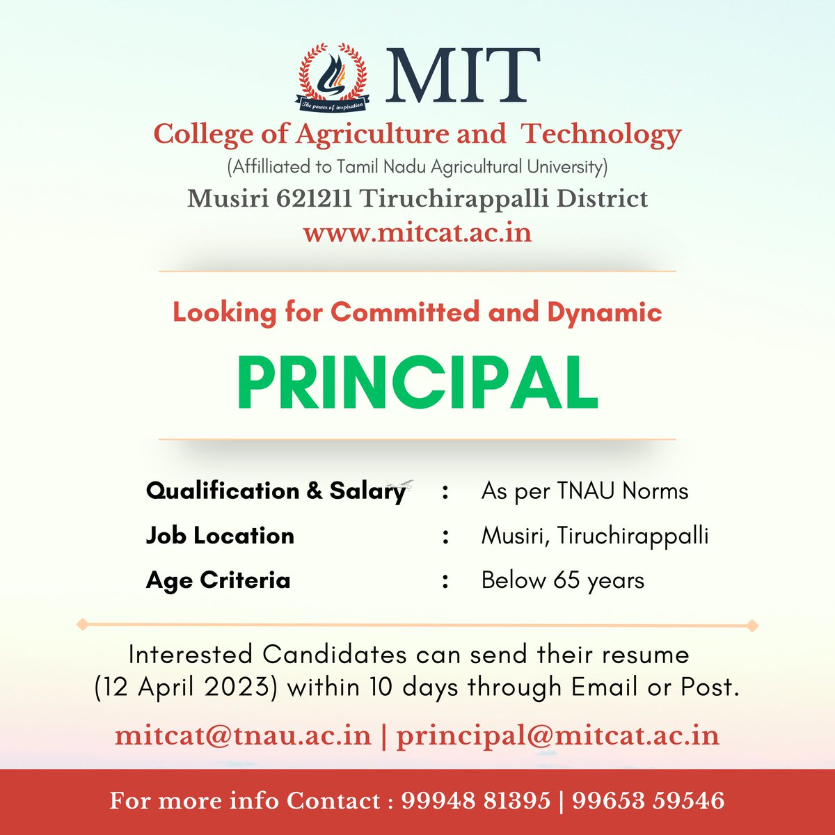 MITCAT_musiri's tweet photo. Apply for the Post of Principal for MIT College of Agriculture and Technology, Musiri.
Looking for Committed and Dynamic Candidates.

#hiring #principal #agricollege #TNAU #ICAR 

https://t.co/5zM2xiLD1i https://t.co/jjje3S3UP4