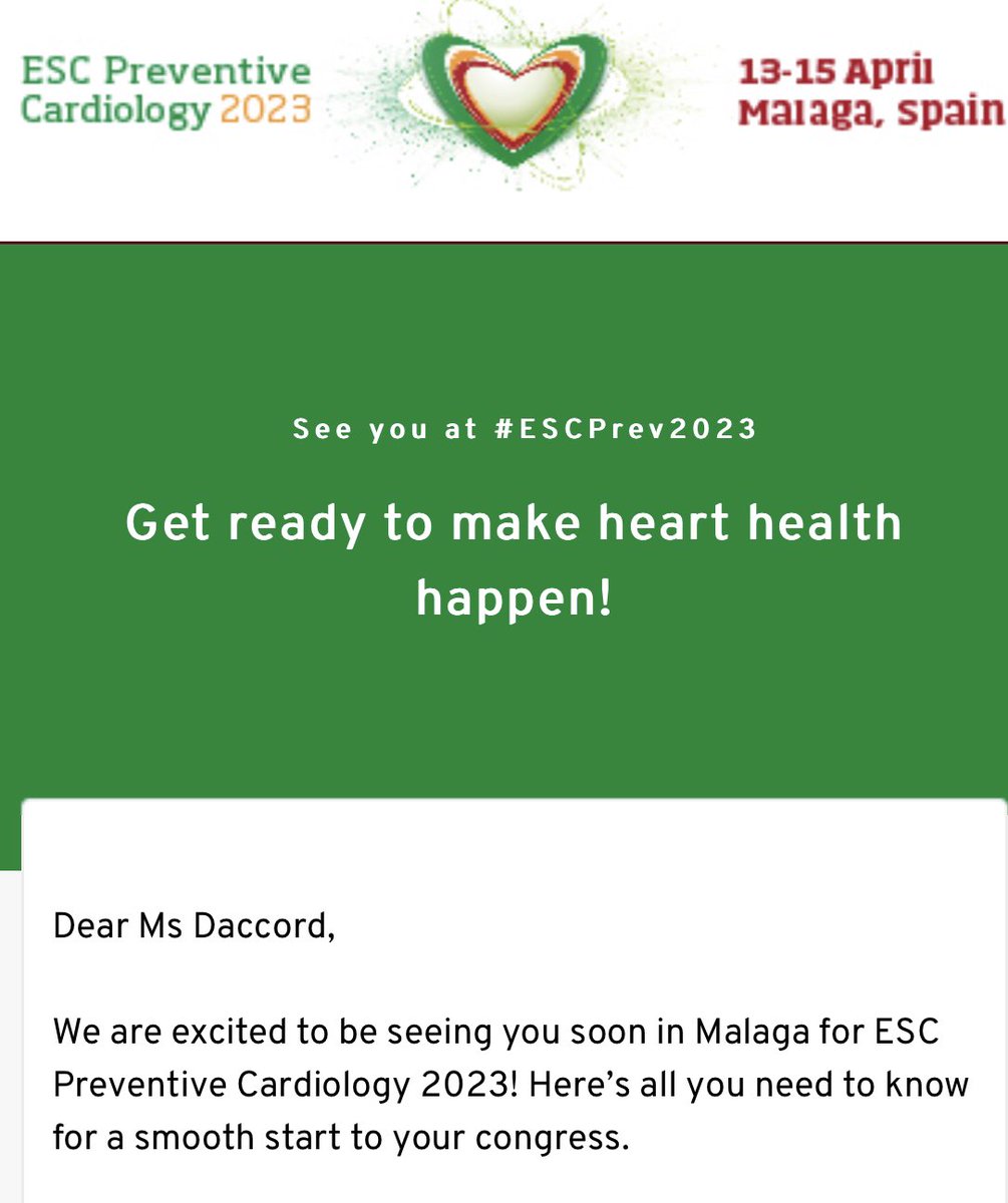 I’ll be speaking at #ESCPrev2023 on behalf of #FHEurope. 

Looking forward to meeting clinicians, researchers, #CVD #prevention enthusiasts in #Malaga - one of the world's oldest cities, the place of #Picasso. 

#FindFH #BeatCVD #cardiovascularhealth #CVH

esc365.escardio.org/Preventive-Car…