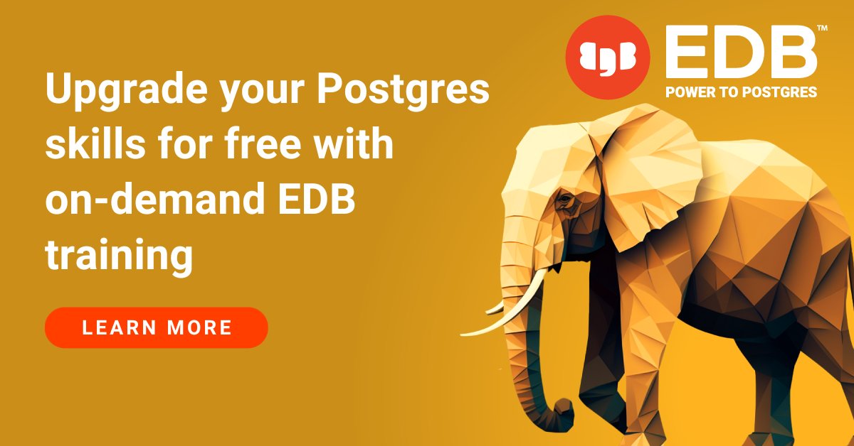 johnnyq72's tweet image. There are now 12 free on-demand EDB courses designed to help your organization enhance Postgres skills and knowledge of EDB solutions, and prepare you for Postgres certification exams! Get started: okt.to/dihkmq
 
#PostgreSQL #OpenSource #PostgresTraining #EDBTraining