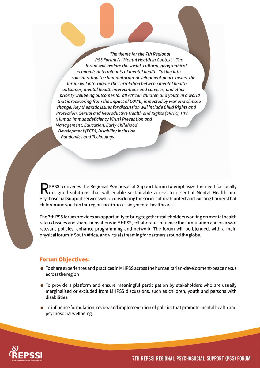 REPSSI's tweet photo. We will host the 7th Regional PSS forum in partnership with @NMCF_SA in South Africa from 2 - 5 October 2023 with the theme Mental Health in Context. For more information, please refer to the concept note.   

Look out for our posts on the Call for Abstracts. https://t.co/Ghdi4FCAJI
