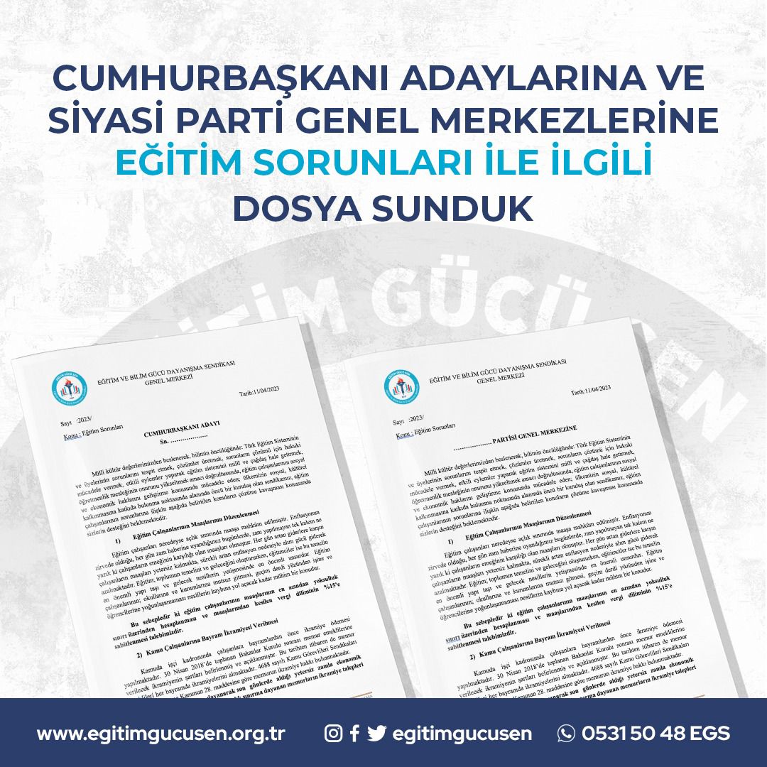 Cumhurbaşkanı adaylarına ve siyasi parti genel merkezlerine eğitim çalışanlarının acil ve öncelikli sorunlarına dair raporumuzu sunduk.
egitimgucusen.org.tr/bizden-haberle…