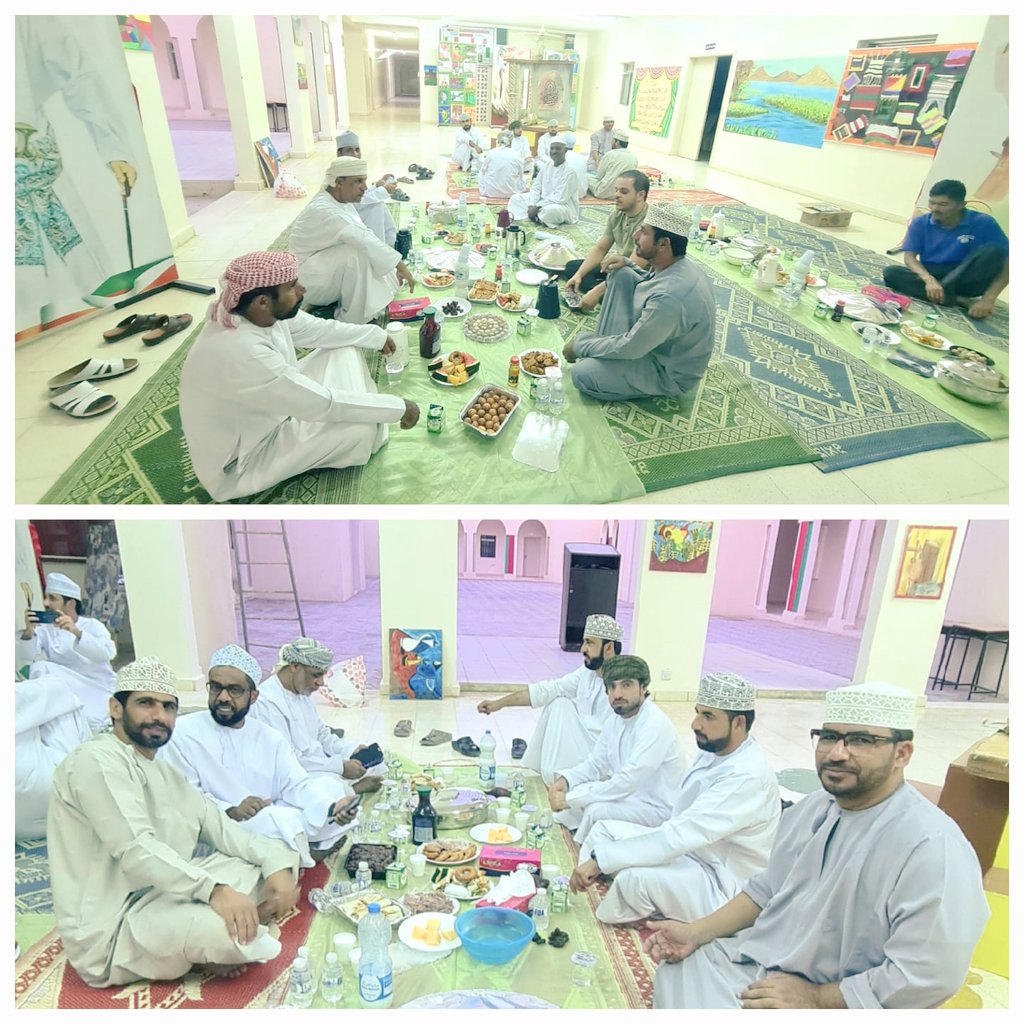 إفطار جماعي، فيه تتلاقى القلوب وتتصافح الأيادي، تجمعهم المودة في جو روحاني من أجواء شهر رمضان الكريم، حيث الدعوات تعانق السماء وتسمو بالروح في أفق الطاعة، ( صورة من الإفطار الجماعي لمعلمي مدرسة أبوذرالغفاري).