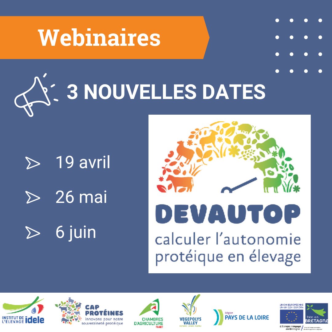 InstitutElevage's tweet photo. J-7 📅 | Webinaire 💻 #DEVAUTOP
📌 Aider les #éleveurs à visualiser l’autonomie #protéique de leur exploitation 🚜
👉 Webinaires multifilières
👉 Saisie des données, étude des valorisés, gestion des consentements, export de données…
📅 19 avril
Info : https://t.co/GaFxXtX7nR https://t.co/8fh24g9rob