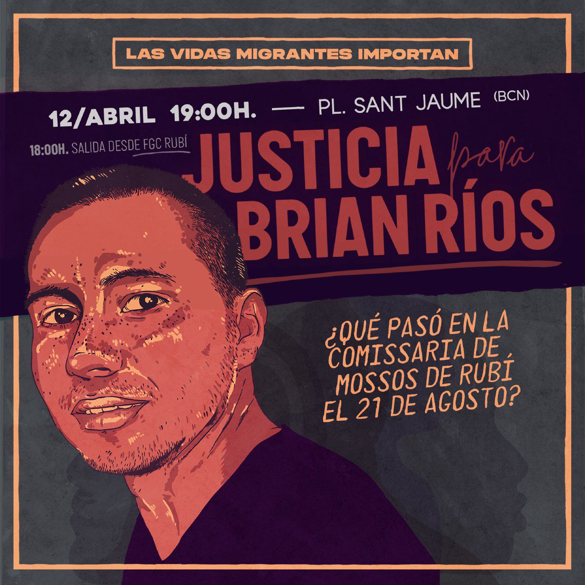 ➡️ El 21 de agosto de 2022 #BrianRios fue detenido, sedado en el CAP Mutua de Rubi y llevado a comisaría de Mossos d'Esquadra donde murió. El #12A nos concentramos ante la Generalitat 
📢 Basta de #RacismoInstitucional

📅12 de abril
🕕19h
📍Plaza Sant Jaume
#JusticiaParaBrian