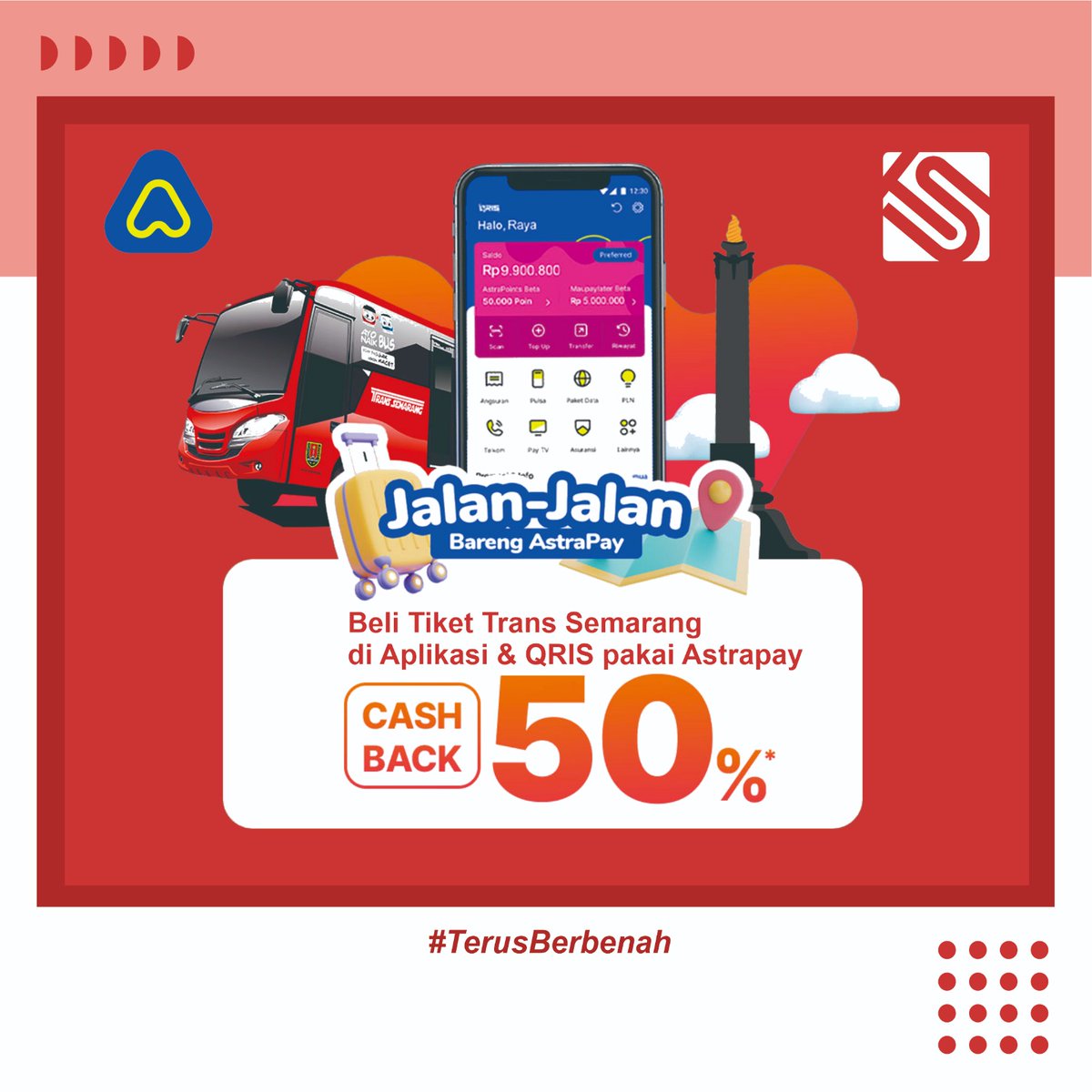 Transsemarang's tweet photo. #SobatTS Keliling Kota Semarang pakai AstraPay Cashback 50%
Promo Cashback 50% untuk pembelian tiket melalui aplikasi dan mesin e-tiketing Trans Semarang menggunakan saldo AstraPay
@mbakITASMG
@Dishubkotasmg
@juimihendrix
@AstrapayID
#PromoTS
#TransSemarang
#TerusBerbenah https://t.co/VQp0mhu0SD