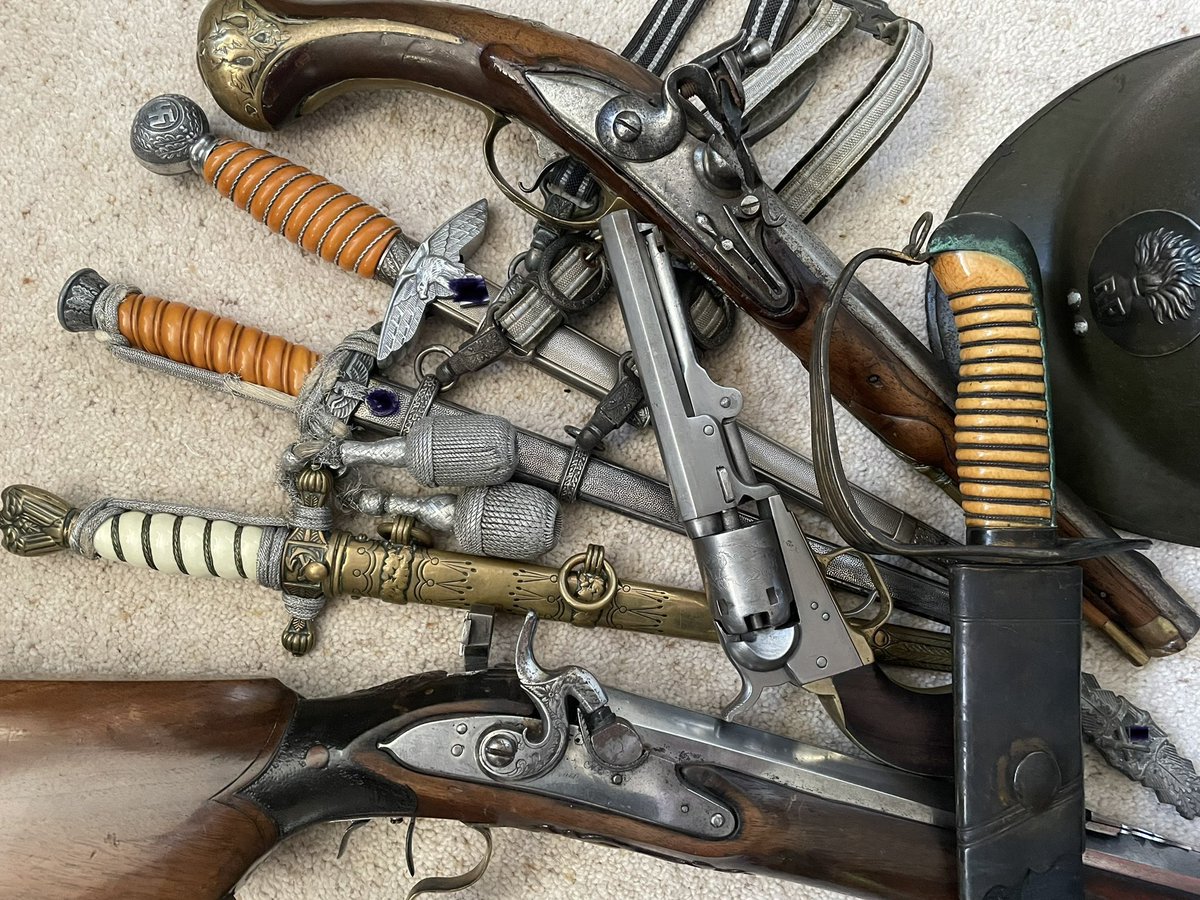 A few new pieces picked up last night , #Kriegsmarine, #Luftwaffe &amp; Army daggers, #flintlock pistol, Colt percussion, Austrian percussion rifle and 18th Century sword with engraved blade, ready for Thetford Militaria Fair on Sun 28 April. #germandaggers #coltrevolver #militaria