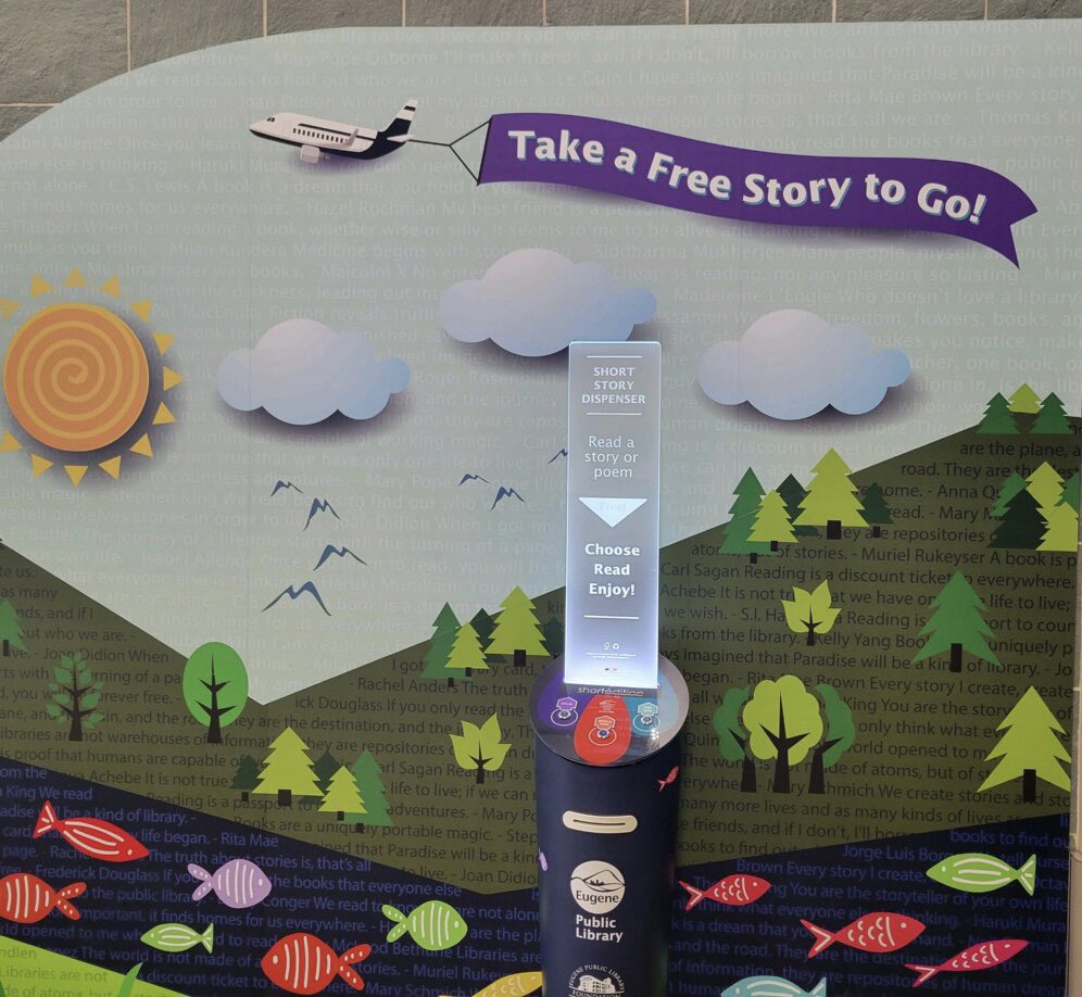 RadioEUG's tweet photo. @TerraSieberman sent these photos from the Eugene Airport recently. The public library operates this story dispenser which features works by local as well as international writers and poets. #speakingofstories https://t.co/zYsNDFGavJ