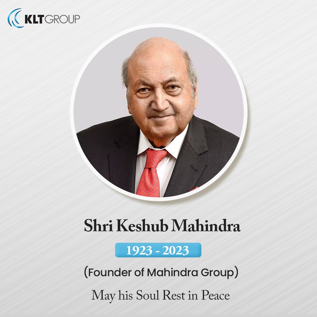 klt_group's tweet photo. Founder of the Mahindra Group, stalwart and true philanthropist, and great visionary, Shri Keshub Mahindra, left today for heavenly abode at the age of 99. We at the KLT group humbly salute and bow down with respect to this great visionary. 🙏🏼

#restinpeace #RIP #kltgroup #OnekLT https://t.co/tO58siKDUz