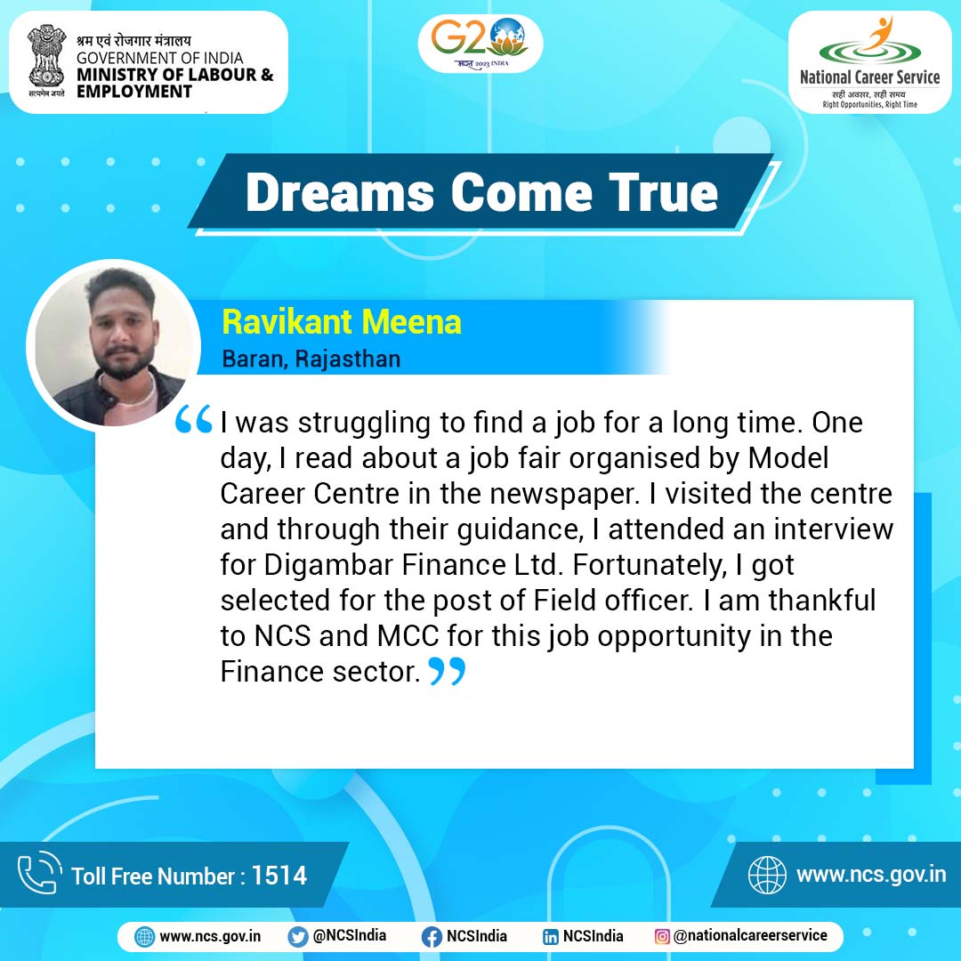 NCSIndia's tweet photo. Ravikant Meena from Baran, Rajasthan got his perfect job according to his skills and interest through National Career Service.

Now, it's your turn to find your perfect job. Register now at https://t.co/CzfOtPr53a

#NCSIndia #NationalCareerService #MoLEIndia #jobs #jobseekers https://t.co/aNmIcZG278
