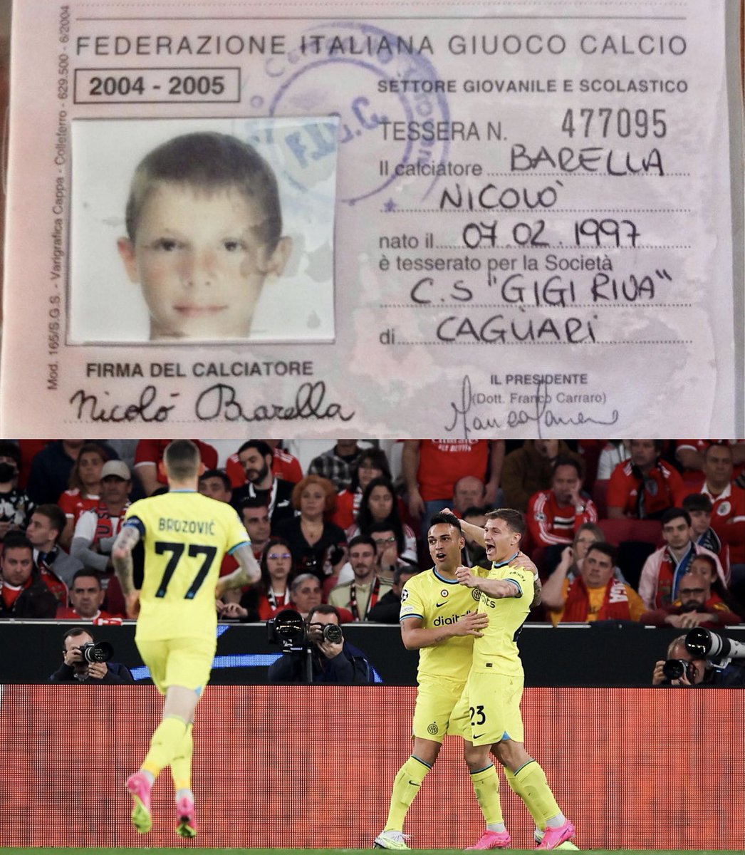 SporteSaluteSpA's tweet photo. A segno ieri nei quarti di finale di Champions League contro il Benfica, il centrocampista dell’Inter e della nazionale Nicolò Barella da piccolo ha giocato a Cagliari nella Scuola Calcio Gigi Riva, società fondata dal mitico Rombo di tuono! ⚡️

#sportazzurro https://t.co/FOLbTfZ19o