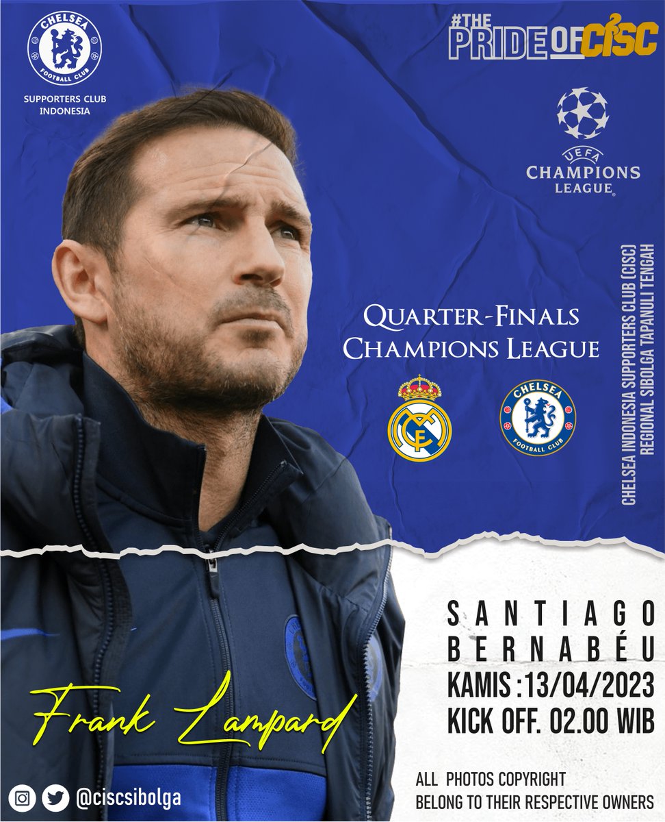 ciscsibolga's tweet image. UEFA Champions League  
- Real Madrid vs Chelsea 
- Kamis, 13 April 2023 
- K.O 02:00 WIB 
- Santiago Bernabeu  

#thisiscisc #chelseaindo #ucl #uefachampionsleague