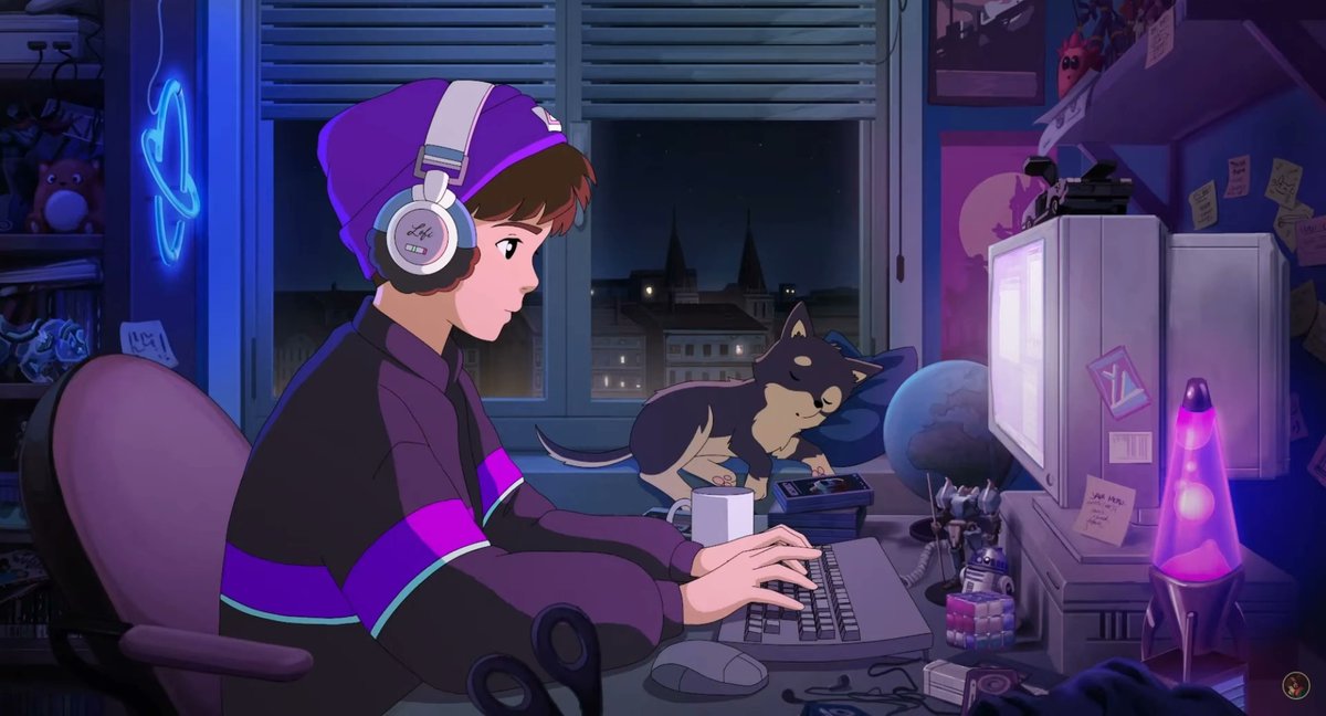 Manuls's tweet photo. y así Lofi Girl presentó un nuevo canal: Synthwave, con música synthwave y un nuevo protagonista: un chico con un perro en vez de un gato y un estilo algo más gamer

la comunidad lo ha bautizado como "synth boy" https://t.co/JGrSmlGCa3