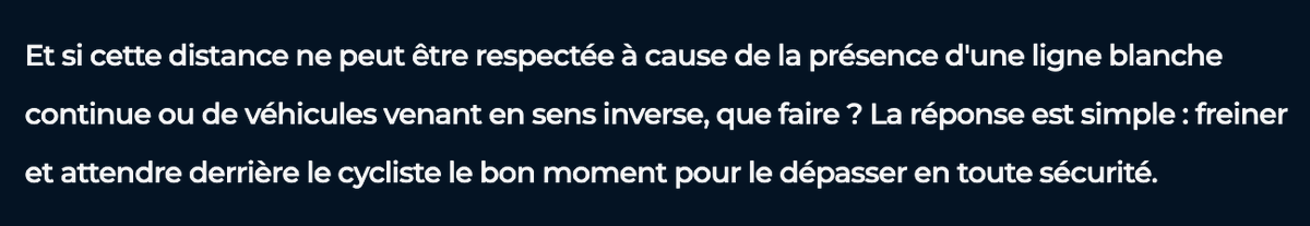 Distance à respecter lors du dépassement d'un cycliste:
➡️ 1m en agglo
➡️ 1.5m hors agglo

Et si cette distance ne peut être respectée &lt;...&gt;, que faire?
La réponse est simple : freiner et attendre derrière le cycliste le bon moment pour le dépasser en toute sécurité.
#dropthemic