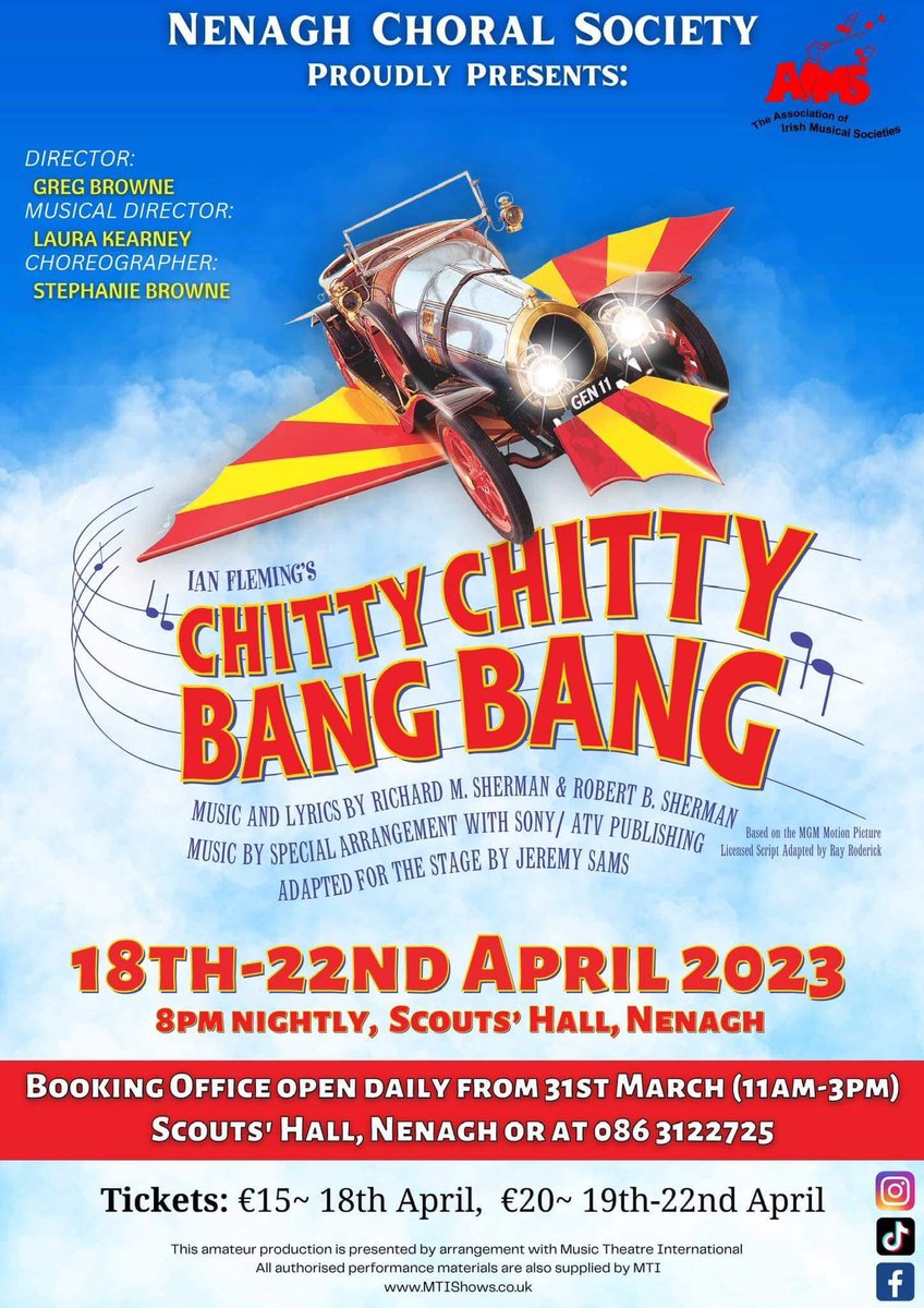 Best of Luck @NenaghChoral with Chitty Chitty Bang Bang which runs from Tuesday 18th to Saturday 22nd of April.
Come to.…..or go to their funfair as they bring all the teamwork to the stage!
It promises to be a truly scrumptious night out! #trulyscrumptious #nightout #chitty x😊