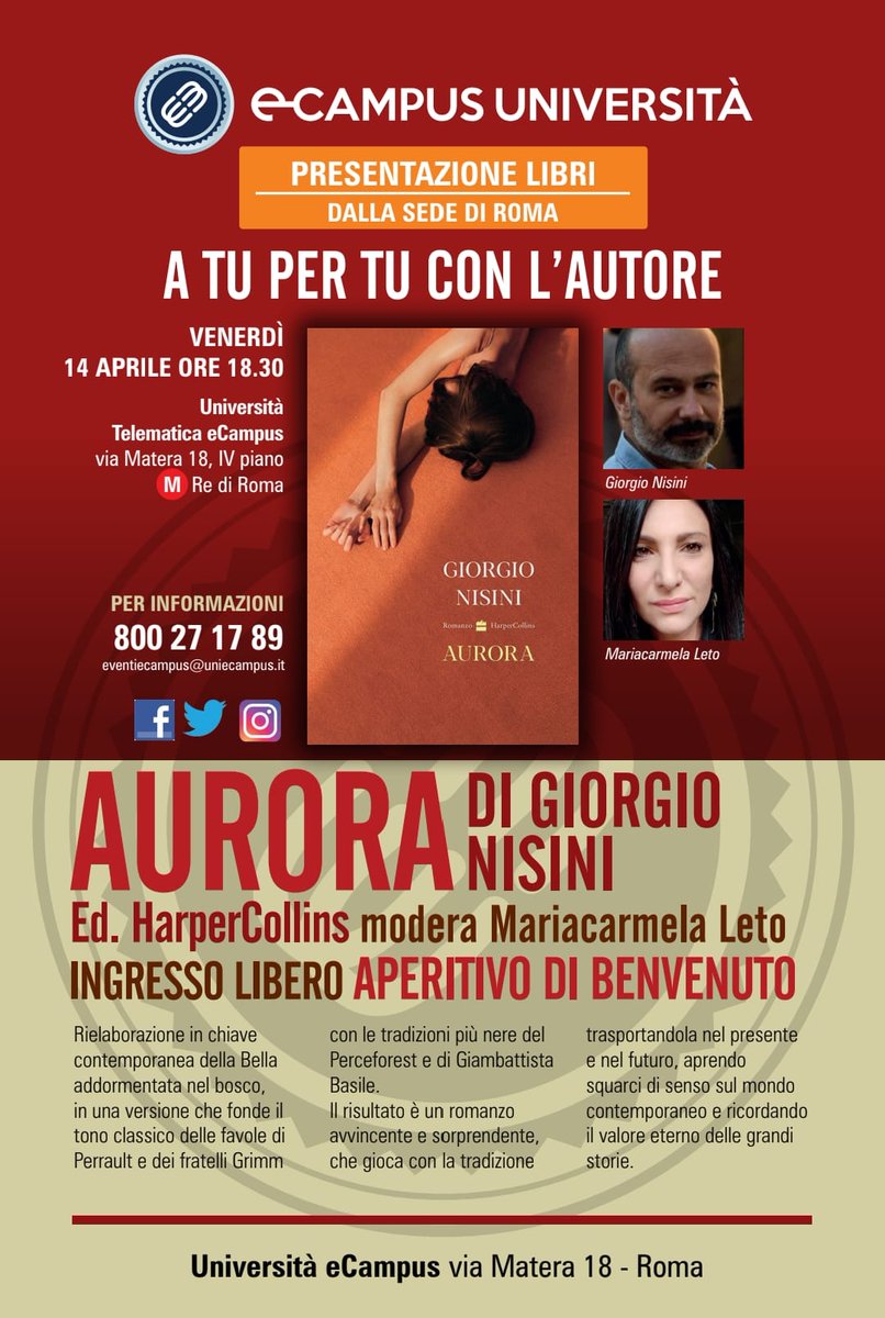 Venerdì prossimo, all'<a href="/uni_ecampus/">Università eCampus</a> di Roma, parlerò di "Aurora" insieme a Mariacarmela Leto. Vi aspetto alle 18.30. Un grazie a Rita Neri per l'invito. <a href="/harpercollinsIT/">HarperCollins Italia</a>  
#aurora #università #labellaaddormentata #fiabe #romanzi #luce