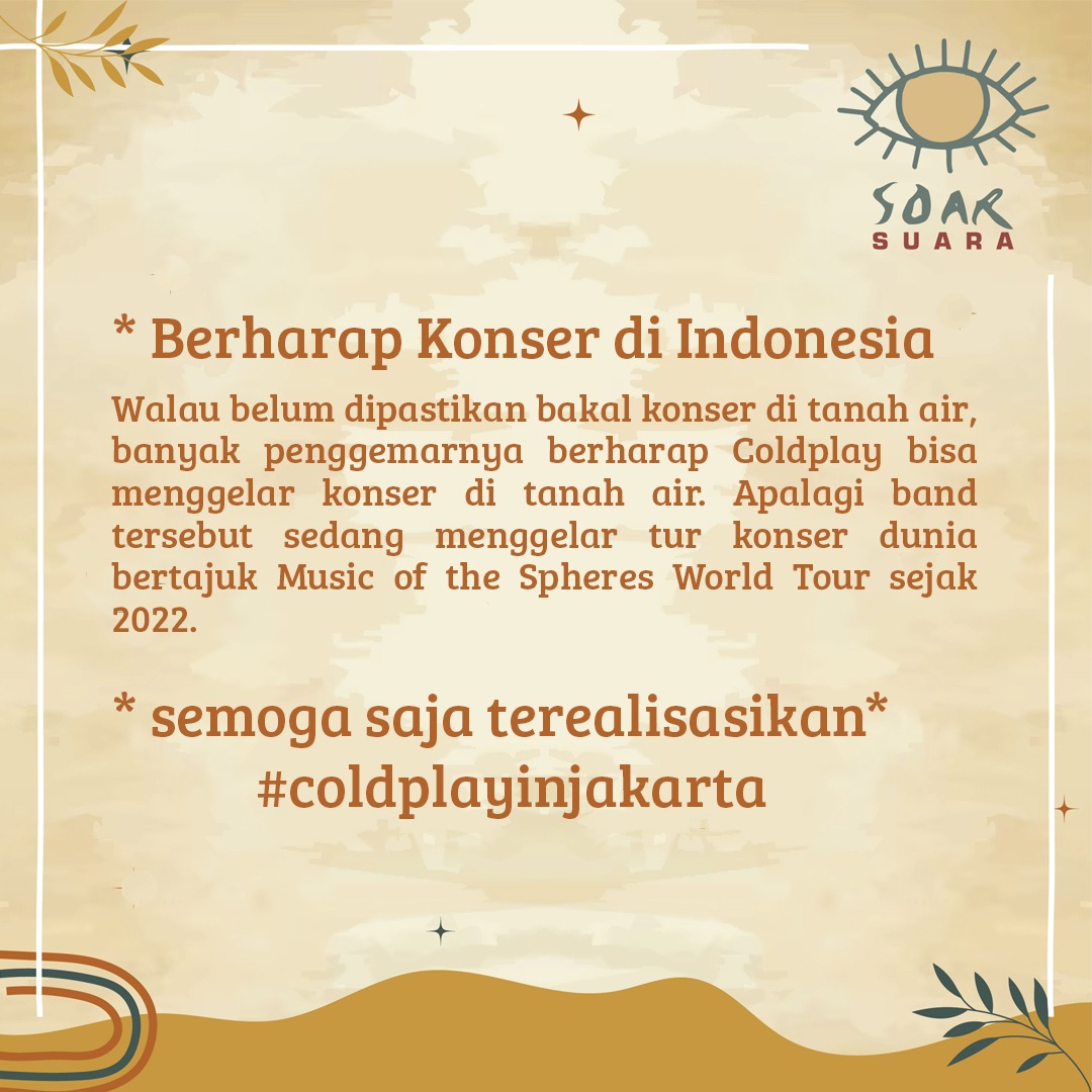 SOARsuara's tweet photo. BAND COLDPLAY BAKAL MANGGUNG DI INDONESIA!?🤩
.
Baca selengkapnya di Instagram @soarsuara ! Enjoooy 🤩

#soarsuara #Coldplay #konser #infokonser https://t.co/ET2JDsNhxo