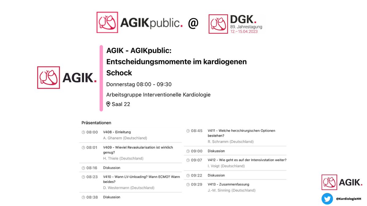 KardiologieHH's tweet photo. 🚨START in 30 Minuten🚨
🎯#AGIKPlenum-Session
➡️Entscheidungsmomente im kardiogenen
Schock
🗓Donnerstag, 13.03.23
⏰ 08:00-09:30
🏠Saal 22
Mit: @GhanemAlexander + @thiele_holger @dirkwestermann + @BenediktSchrage +Ingo Voigt + @sinning_jan
@AGIKinterv @ #DGKJahrestagung 2023 https://t.co/KphgwxwCHo