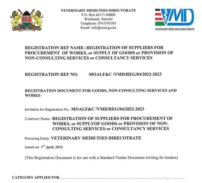 Applications for prequalification are invited from qualified suppliers in non-consultancy goods, services and works. Interested applicants are advised to visit our website vmd.go.ke for details on how to apply and deadlines