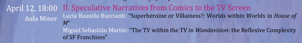 The next session of the I ECRs' Seminar for SF and Spec-Fiction will be held today!

The session's entitled "Speculative Narratives from Comics to TV Screen", and we will have the honour of listening to <a href="/MigSebastianMar/">Miguel Sebastián-Martín</a> and <a href="/bauselabucc/">Lu Bausela Buccianti</a> 

📍Aula Minor
🕧 18.00pm

Don't miss it!