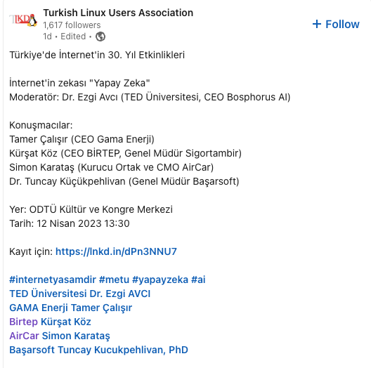 Bugün 13:30'da ODTU KKM de
Türkiye'de İnternetin 30. Yıl Etkinliklerinde 
birbirinden değerli panelistlerimiz ile sizi çok keyifli bir Yapay Zeka paneline bekliyoruz 👋 😊