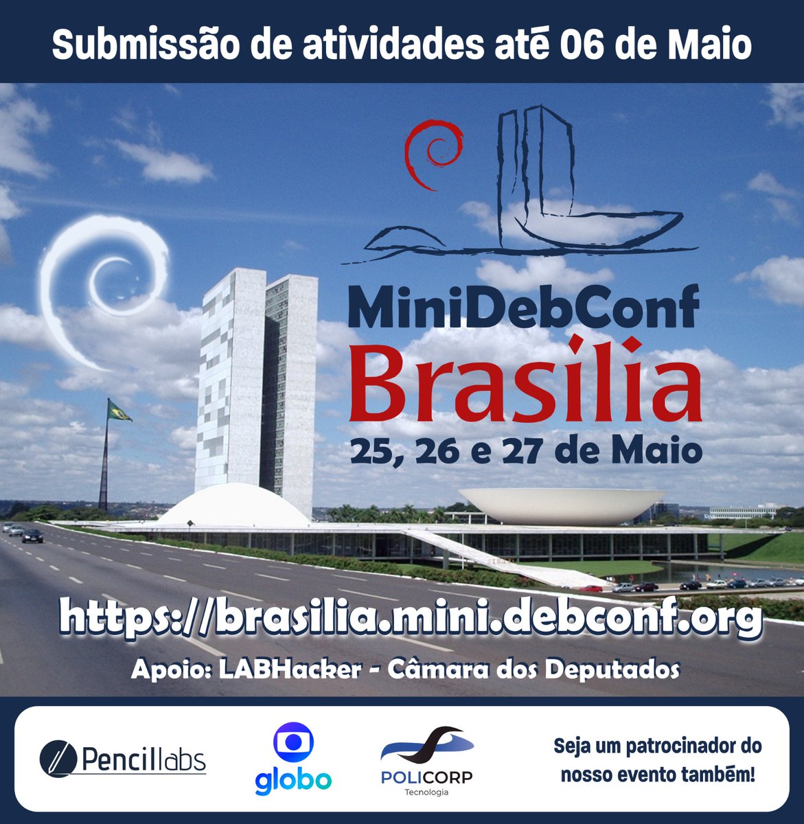 Venha participar do principal evento da Comunidade Debian no Brasil! Você já pode realizar a sua inscrição gratuita ou enviar sua proposta de atividade para a MiniDebConf Brasília que aconterá de 25 a 27 de maio. Mais informações: brasilia.mini.debconf.org #Debian