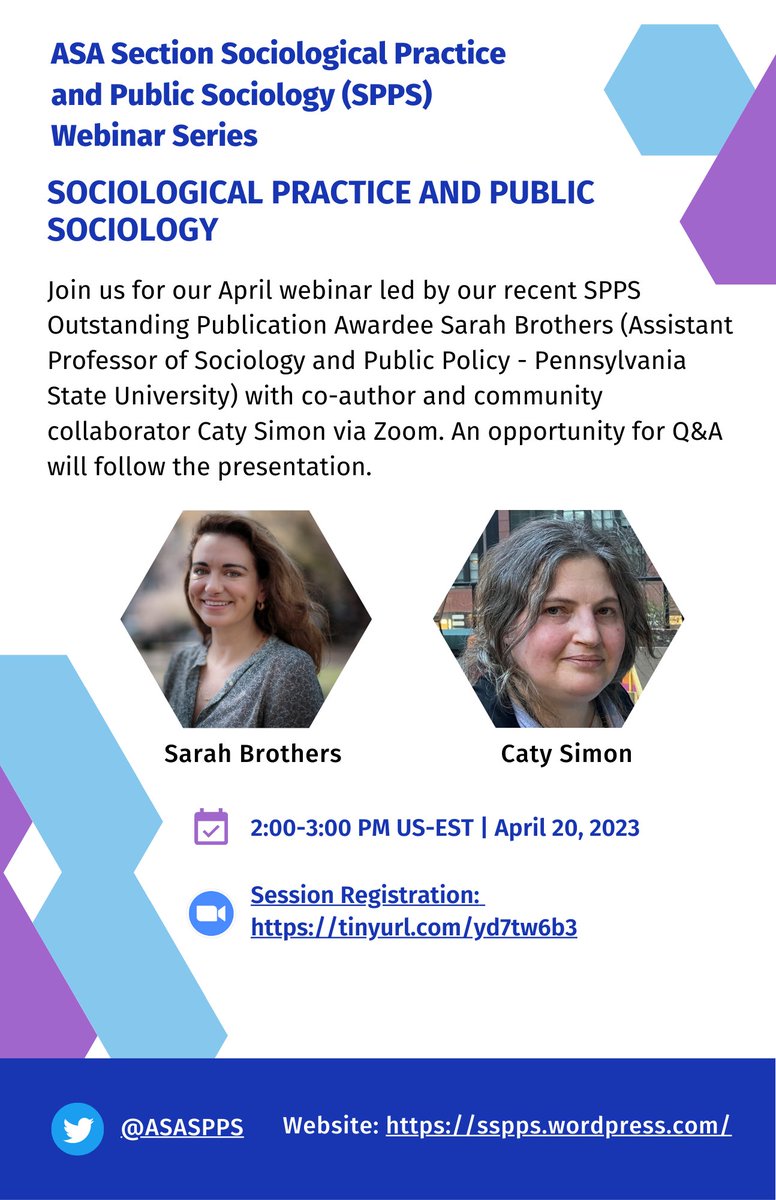 ASASPPS's tweet image. Join us for our upcoming April webinar with our recent Outstanding Publication Awardee Sarah Brothers @SarahB________ &amp;amp; co-author/community collaborator Caty Simon on Thurs, 4/20: 2-3PM EST!

Zoom info? Register: tinyurl.com/yd7tw6b3

#spps #appliedsociology #publicsociology