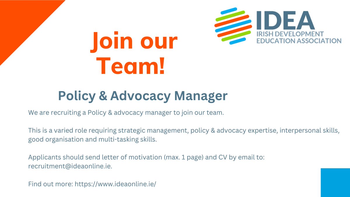 IDEAIreland's tweet photo. Exciting opportunity to join us as our new Policy &amp; Advocacy Manager, leading IDEA’s policy and advocacy for Global Citizenship Education in Ireland and internationally. 

Deadline for applications is 05 May, 5.00pm. 

Find out more 👉https://t.co/bs4uTShYDO. 

#Jobfairy https://t.co/TBngunUMM4