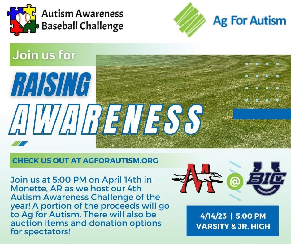 AgForAutism's tweet image. Join us Friday night at Buffalo Island Central High School in Monette, Ar as we raise awareness through athletics! BIC will host Marmaduke for the baseball game and it will start at 5:00 PM with a Jr. High game to follow!

For more details contact Tyler Herring at (870) 219-3799!