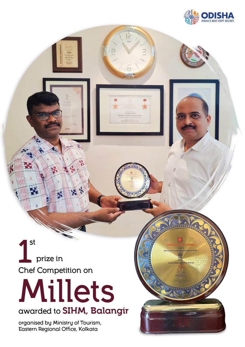 TourismDptt's tweet photo. Laurels for SIHM Balangir for winning the 1st prize in Chef Competition by preparing a 3 course menu with Millets on 23rd March '23 at IHM, Bhubaneswar.
Congratulations to Tanmoy Bosu & Sandeep Samuel Naik for the innovative #MilletMenu. https://t.co/kYhmuKulUa