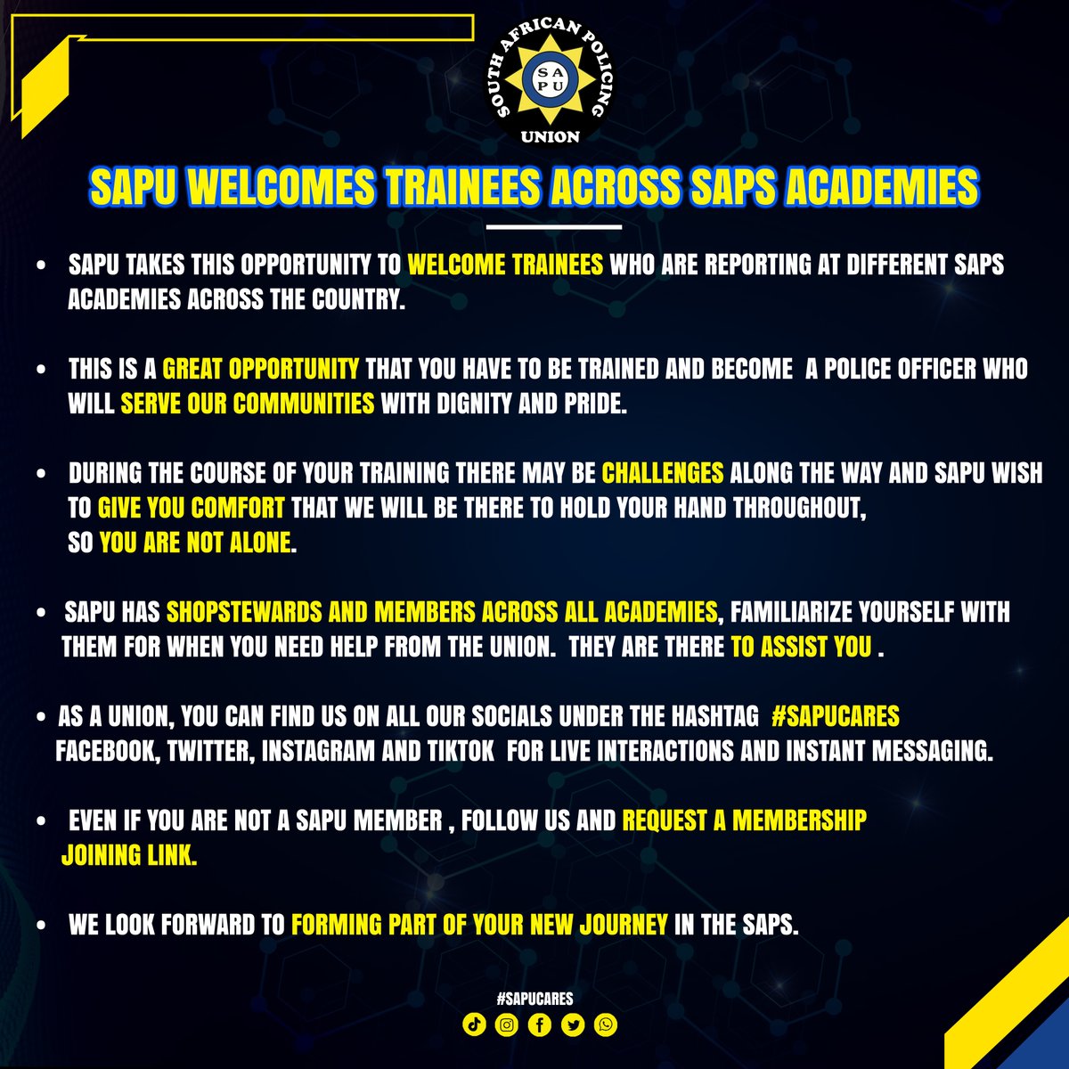 wearesapu's tweet photo. SAPU WELCOMES TRAINEES ACROSS SAPS ACADEMIES
#SAPUCARES
#protecttheprotector https://t.co/qxQjifwgEt