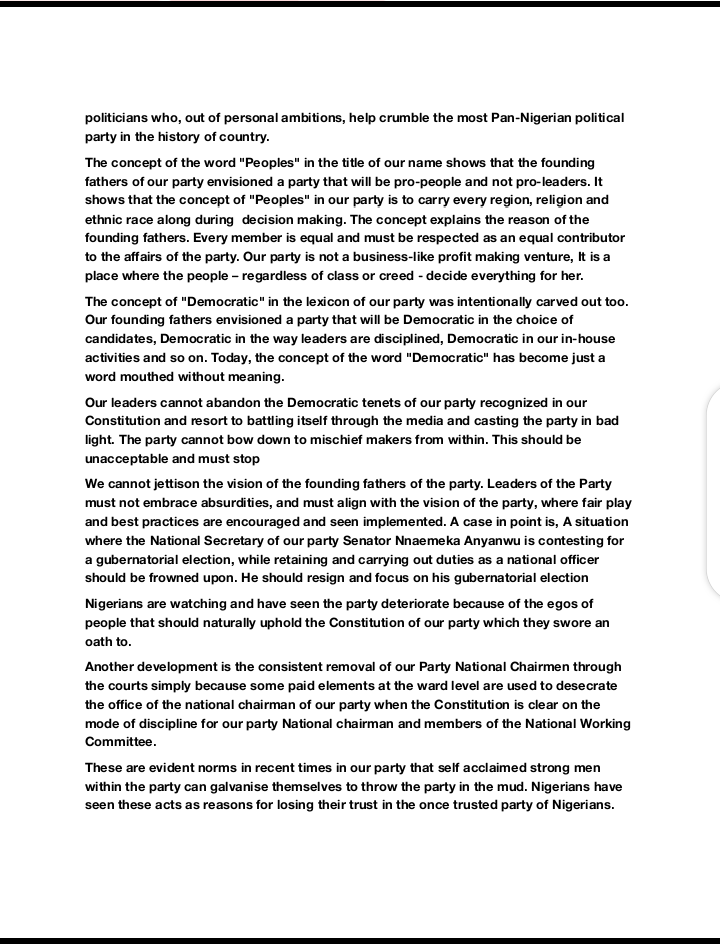 CollinsUma's tweet photo. There is a new generation of men and women who will no longer accept events in the PDP that bring the party down.
We are speaking out and we are ensuring change happens within the party.
This letter has been submitted to the leadership of the party.
#ReformPDP https://t.co/q42mGRXvcX