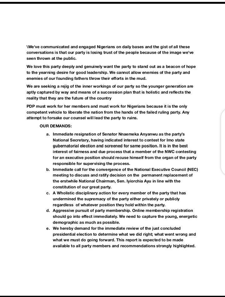 CollinsUma's tweet photo. There is a new generation of men and women who will no longer accept events in the PDP that bring the party down.
We are speaking out and we are ensuring change happens within the party.
This letter has been submitted to the leadership of the party.
#ReformPDP https://t.co/q42mGRXvcX