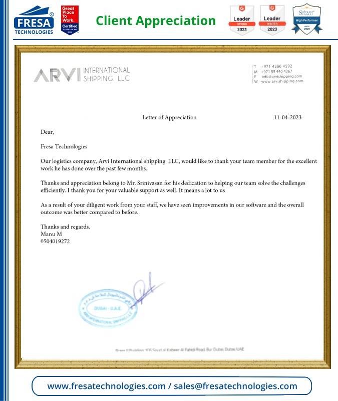 fresatechnology's tweet photo. Dear,
Fresa Technologies
Our logistics company, Arvi International Shipping LLC, would like to thank your team member for the excellent work he has done over the past few months.
#fresa #Client_Appreciation #excellentwork #efficiently #valuablesupport #Arvi_International #LLC https://t.co/ja1dVR5Np3