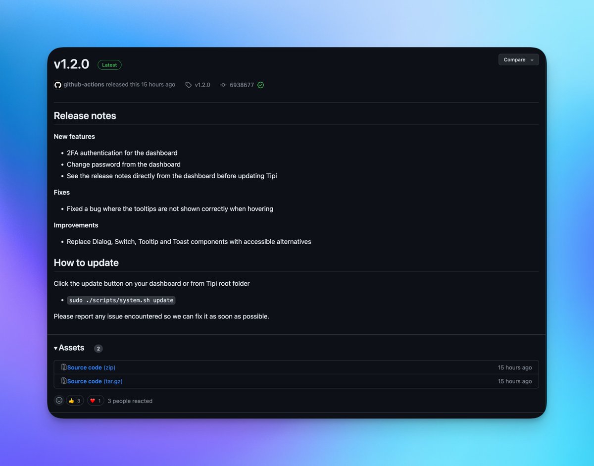 Have you heard the news? A new RunTipi updated dropped! Check out all the change logs for v1.2.0 over on the Github!

github.com/meienberger/ru…

#runtipi #tipi #docker #selfhosted 
#selfhosting