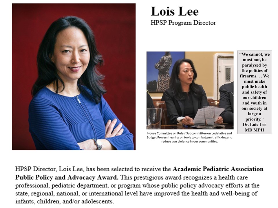 CONGRATULATIONS TO @council_policy @SocPedResearch member DR. LOIS K. LEE MD MPH @LoisLeeMD of @BostonChildrens on receiving the 2023 @AcademicPeds Public Policy & Advocacy Award! A leader in evidenced-based firearm safety policy.RT @AmerPedSociety @AmerAcadPeds @AAPNews @amspdc