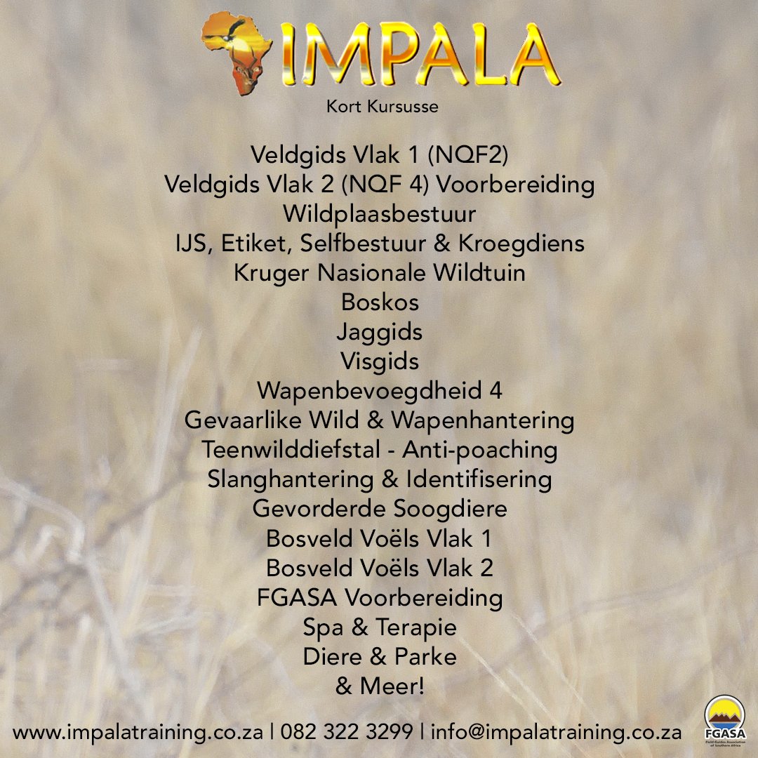 ImpalaGrt's tweet image. Become a qualified game ranger!

Contact us here: 
082 322 3299
impalatraining.co.za
info@impalatraining.co.za

#impalatraining #fgasa #fgasaaccredited #bushveld #nature #fieldguide #gameranger #shortcourse #promotion