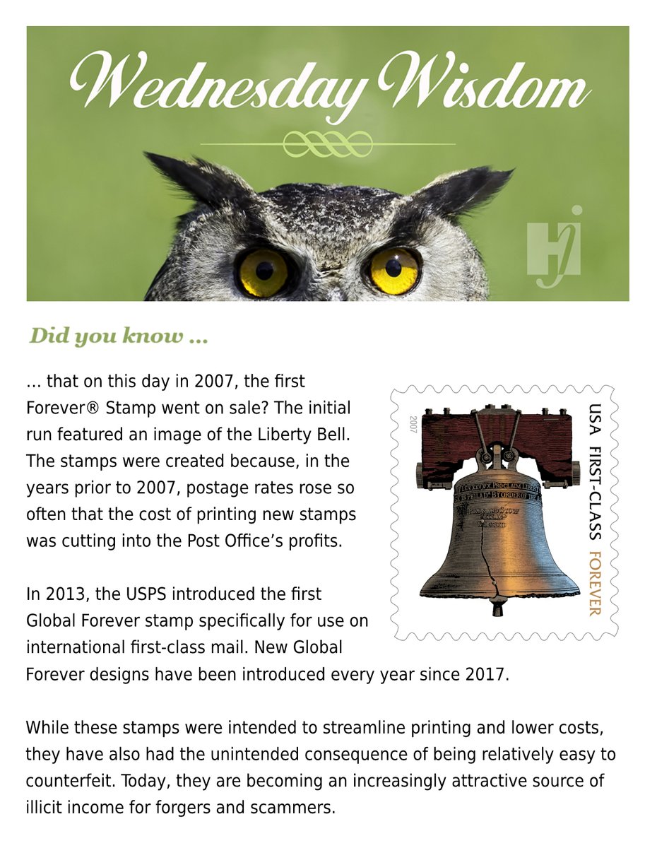 HJDirect's tweet photo. Good morning everyone! Today's Wednesday Wisdom celebrates a mini-revolution in postage history: the advent of the consumer-friendly Forever Stamp. Enjoy the story with best wishes from your friends at H&amp;J!

#wednesdaywisdom #wednesdaythought #H&amp;J #markingNPO #dmaw #tnpa #ana https://t.co/ikT3g7WP71