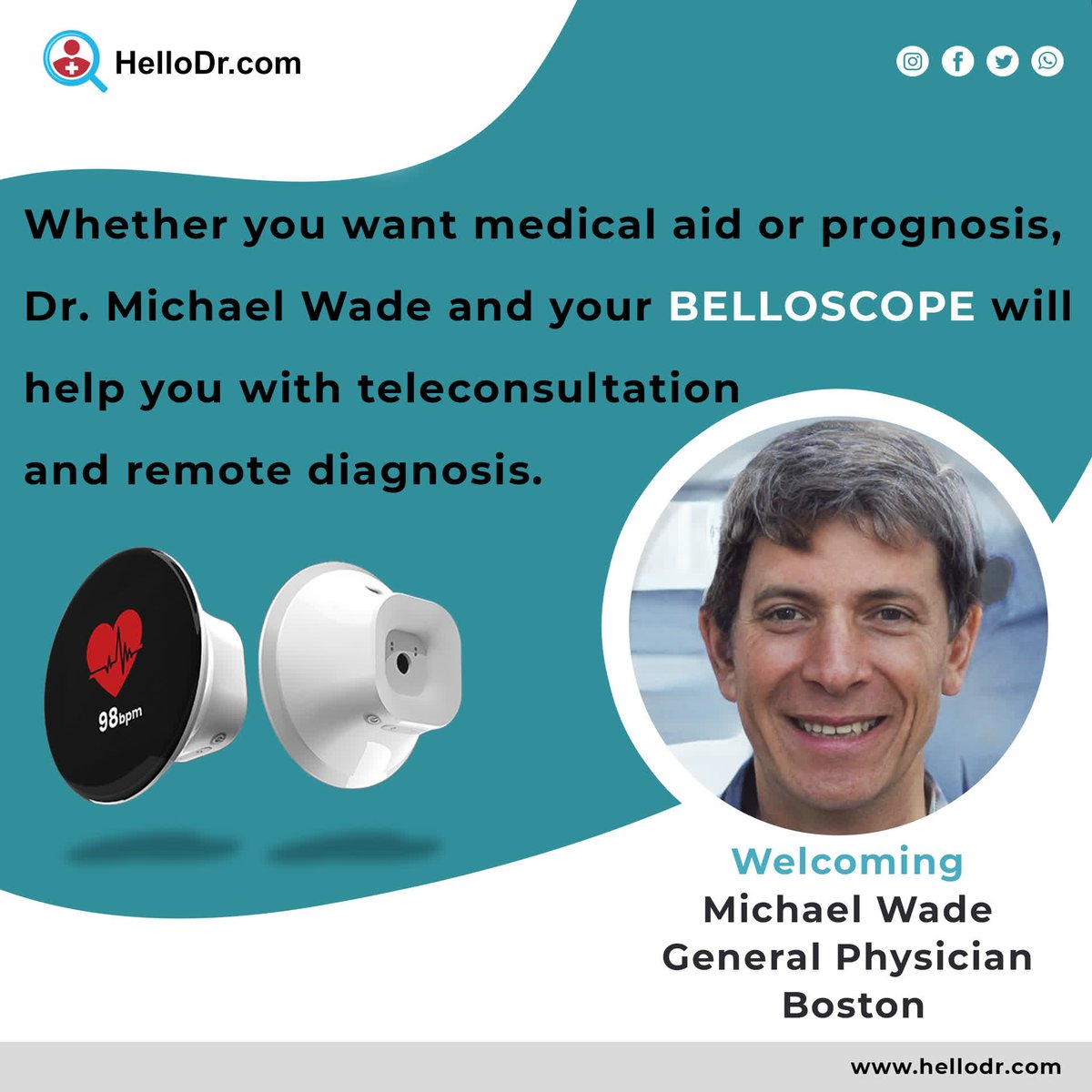HelloDrCOM's tweet photo. Dr. Michael Wade from #Boston is on #HelloDr, as an experienced #physician. You can obtain aid and prognosis from him. With your #Belloscope, you can obtain remote #diagnosis from Dr. Wade as he studies your Belloscope data.
https://t.co/EHP17mhIwL
#telehealth #mentalhealth https://t.co/NNoG1J3Jmu