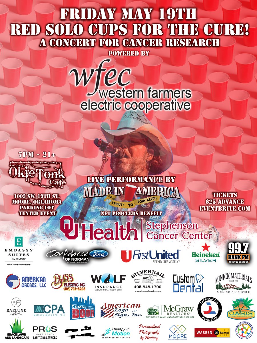 tktributeband's tweet photo. Oklahoma! Don't miss RED SOLO CUPS FOR THE CURE! Friday May 19th at the Okie Tonk Cafe Moore.
This is a RED OUT parking lot party to kick cancers ass! Proceeds from ticket sales go to cancer research @stephensoncc
Tickets are $25 https://t.co/HciKiSCylL
#proceedtoparty https://t.co/QEMLjvGowj