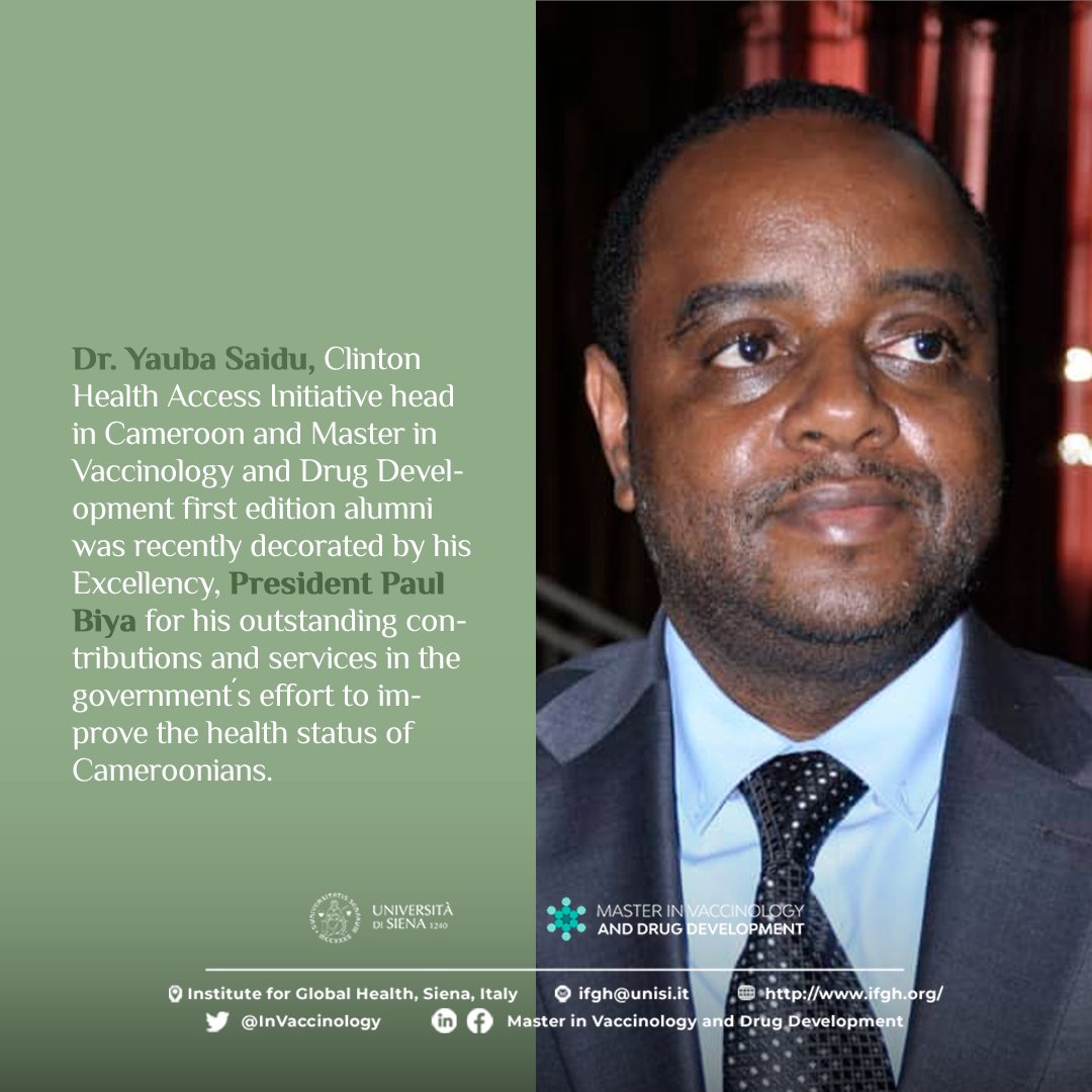 InVaccinology's tweet photo. This is impact! 👏
Dr. Yauba Saidu, Clinton Health Access Initiative head in Cameroon and @InVaccinology  first edition alumni was recently decorated by his Excellency, President Paul Biya

🌐 https://t.co/RbUhwj9XPf

#MasterInVaccinology #Vaccinology #UniversityOfSiena #Siena https://t.co/ojRaHZ90Ig