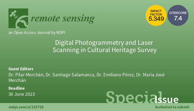 RemoteSens_MDPI's tweet photo. 📢 We are proud to announce the Special Issue "#DigitalPhotogrammetry and #LaserScanning in #CulturalHeritage Survey" 
Chief Guest Editor: Dr. Pilar Merchán
Deadline: 30 June 2023
Welcome to submit! 
https://t.co/6G6rUbt0Wn https://t.co/9I4NVVMOew