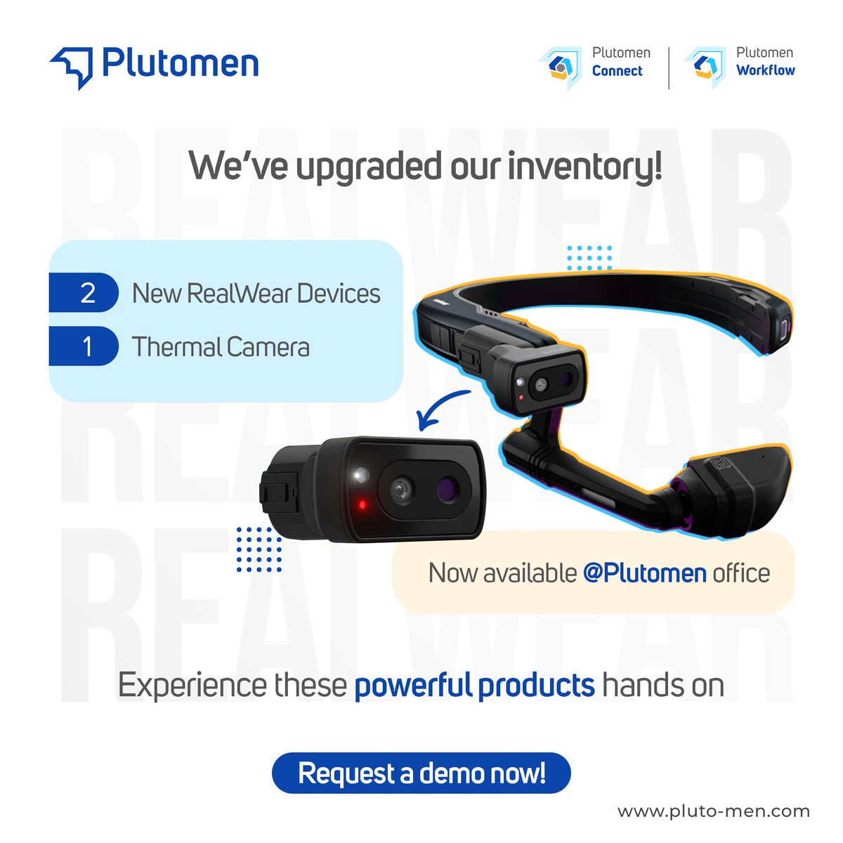 Our arsenal of #RealWear devices is expanding. Apart from the #HMT, you’ll now find the 500 & 520 series of RealWear #SmartARGlasses available at our office. We’ve also made a cutting-edge #ThermalCamera!

Book a demo right away! - bit.ly/3F1M6GI